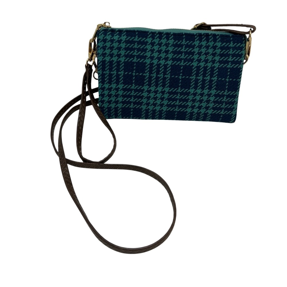 Jen & Co Riley Plaid Crossbody Wristlet Purse Green Blue Wool‎ Blend Vegan Trim